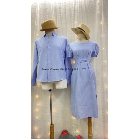 Áo váy đôi nam nữ sọc xanh kate Forever Couple Store (giá gồm áo váy)