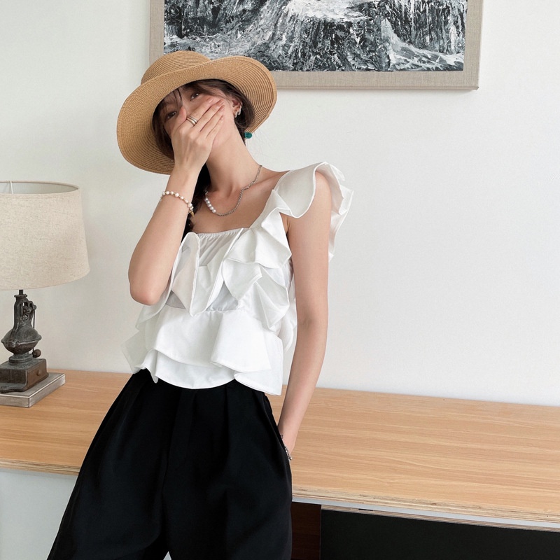 Áo quây lệch vai kẻ sọc xếp tầng cách điệu hai dây ulzzang sherry cabinet