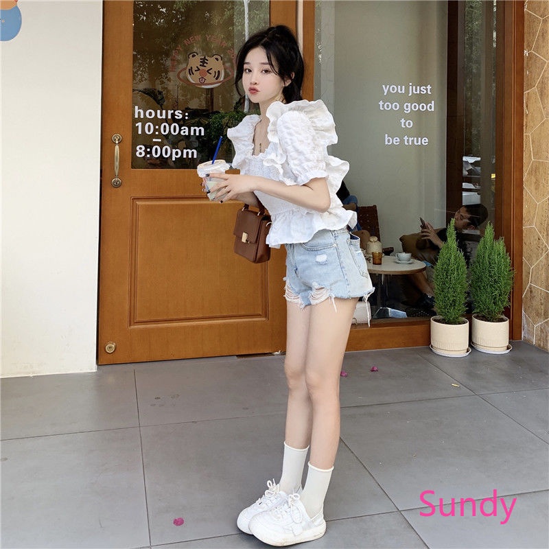 Áo Kiểu Tay Phồng Cổ Vuông Xếp Ly Phong Cách Pháp Thời Trang Hè Cho Nữ