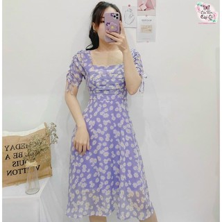 ĐẦM HOA VOAN CỔ VUÔNG XẾP LY NGỰC TAY RÚT DÂY - HÌNH CHỤP THẬT