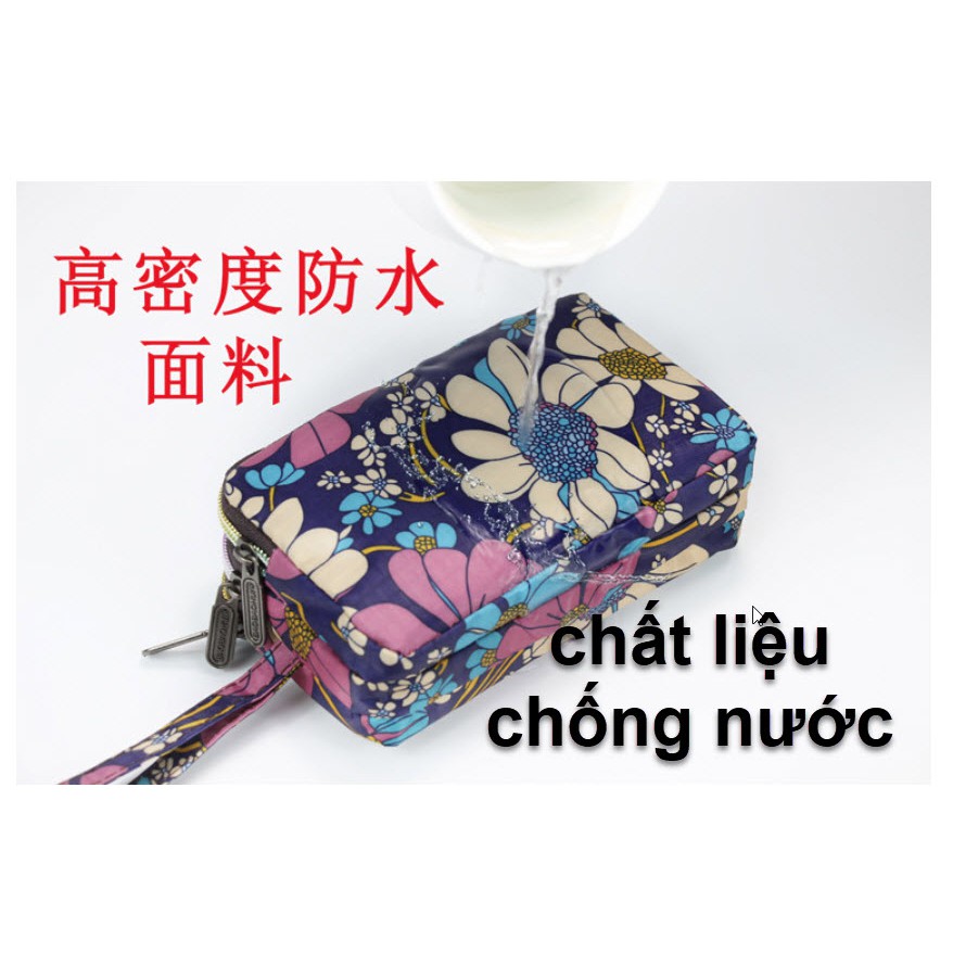 [HCM] Ví cầm tay vintage / Túi cầm tay vải canvas kháng nước 3 ngăn dây khóa kéo in họa tiết cực xinh