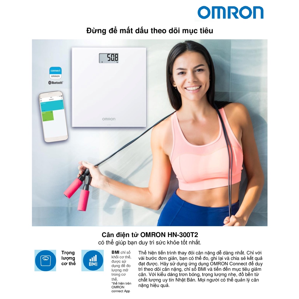 Cân Điện Tử Chỉ Số BMI OMRON HN-300T2 - Kết Nối Điện Thoại - Thương Hiệu Nhật Bản