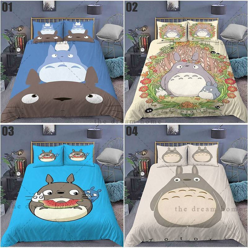 Bộ Chăn Ga Và Vỏ Gối 3 Trong 1 In Hình Totoro Dễ Thương