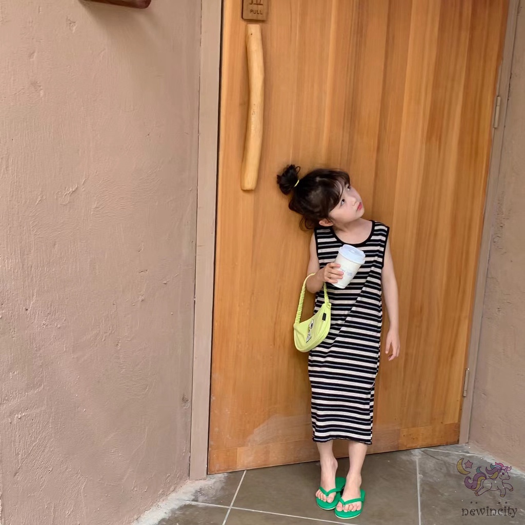 Đầm Sát Nách In Họa Tiết Kẻ Sọc Thời Trang Mùa Hè Hàn Quốc Cho Bé Gái