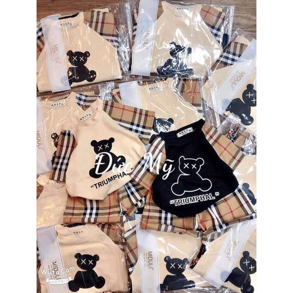 bộ cộc tay bé gái, bộ cotton phối kẻ BBR hình gấu cho bé trai bé gái