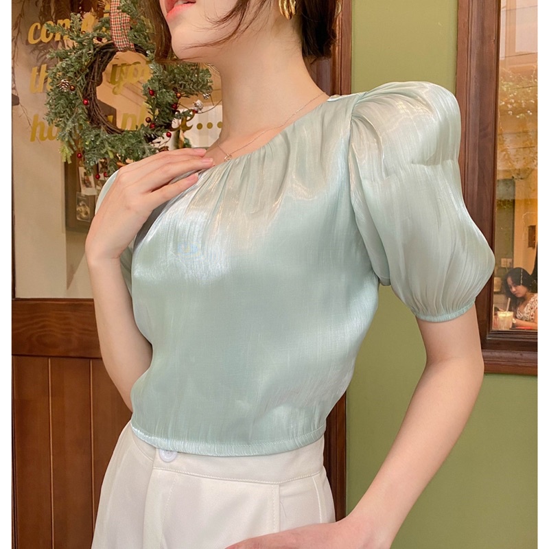 Áo croptop nữ tay ngắn phồng Hàn Quốc LUCETFASHION lụa organza cao cấp trắng xanh kem hồng Fancy Top