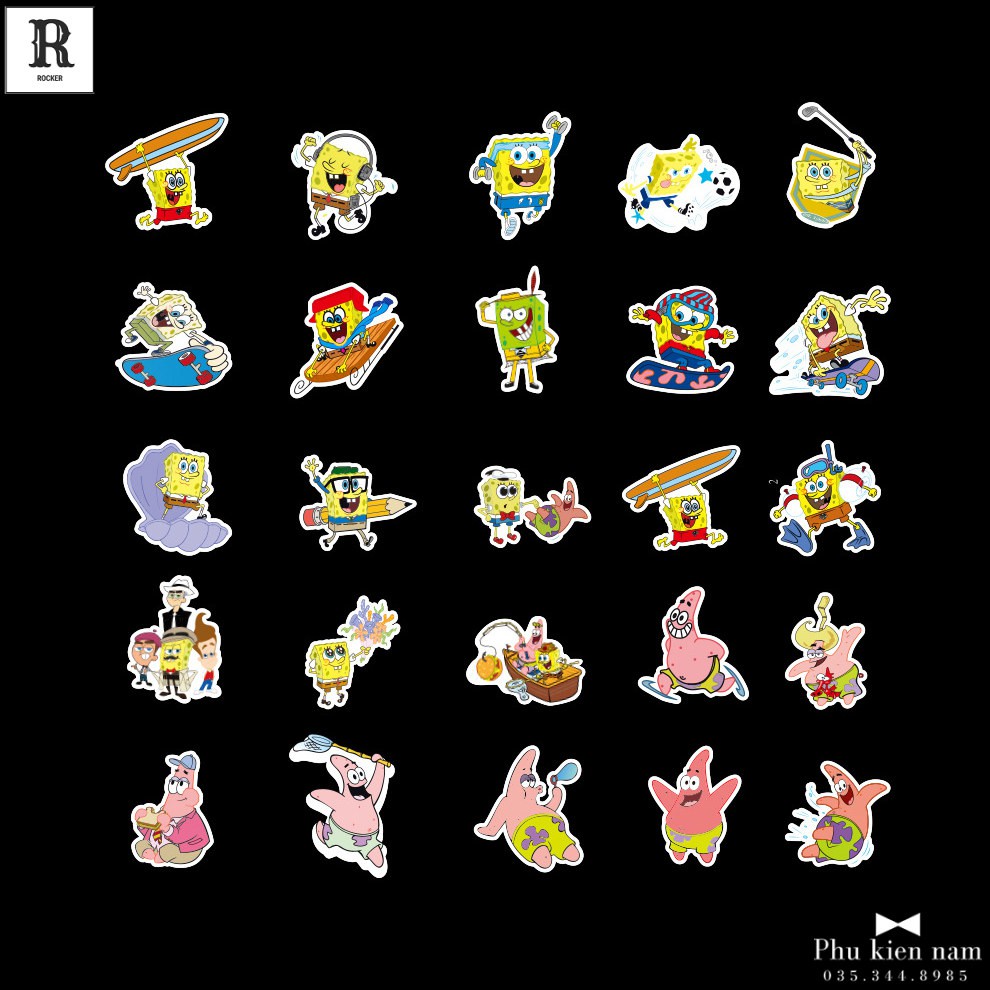 Sticker PVC Hoạt Hình Bọt Biển Cả bộ 100 hình ST084