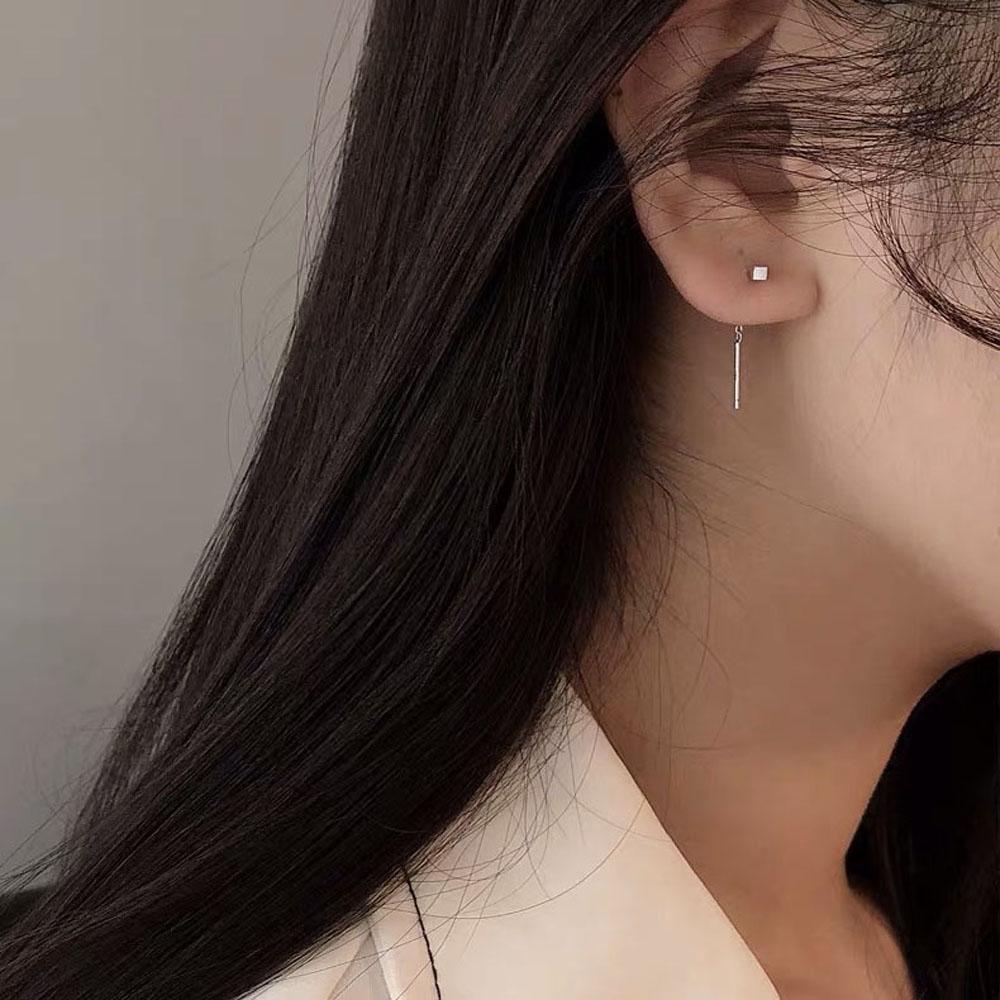 VANES1 Bông Tai Dáng Dài Phối Tua Rua Màu Đen / Bạc Phong Cách Hàn Quốc Thời Trang Cho Nữ