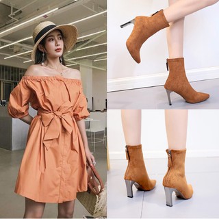 Giày boot nữ cổ lửng đế 8cm da lộn màu da bò gbmn-01b2