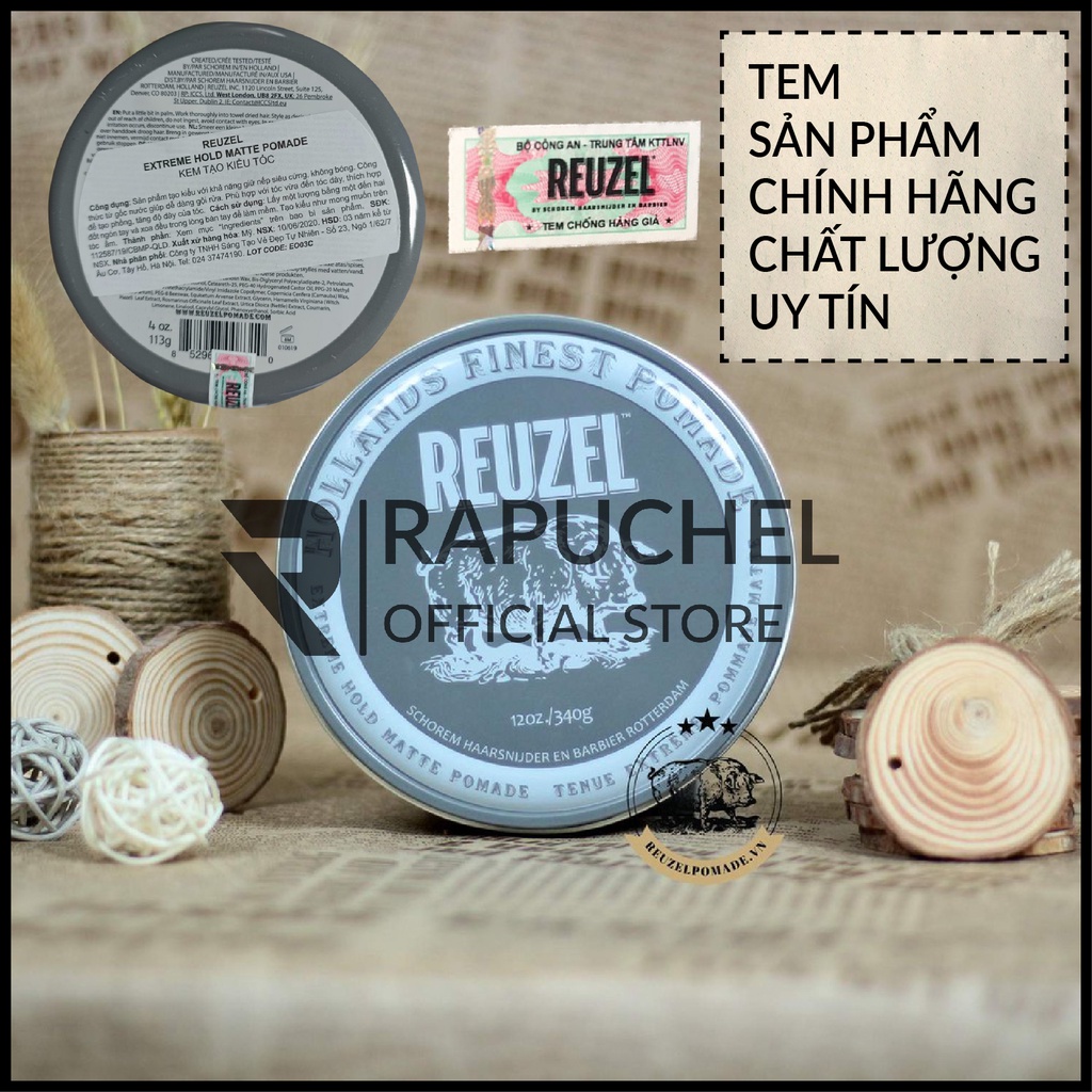 Sáp vuốt tóc nam pomade Reuzel Extreme Hold Matte xám chính hãng giữ nếp cao cấp Rapuchel Store RH01