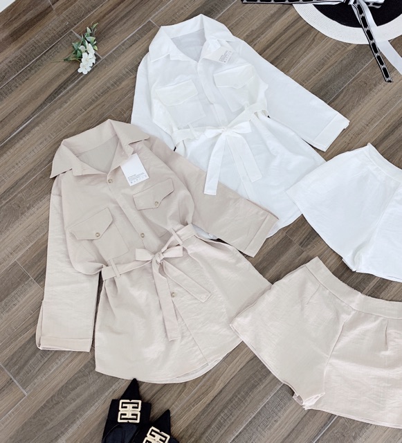 S952 Set Áo Sơ Mi Dáng Dài Che Mông May Túi Ngực Cá Tính Mix Quần Short Kẻ Ly Kèm Dây Lưng Buộc Eo