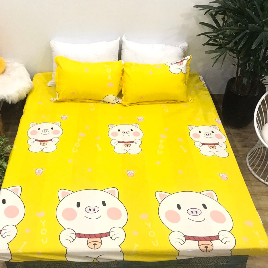 Bộ Ga gối Cotton Poly 3 Món Mẫu Lợn Vàng