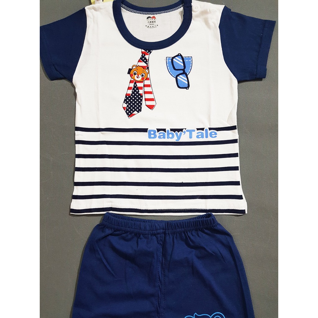 Bộ thun cotton bé trai in gấu cà vạt mắt kính dễ thương