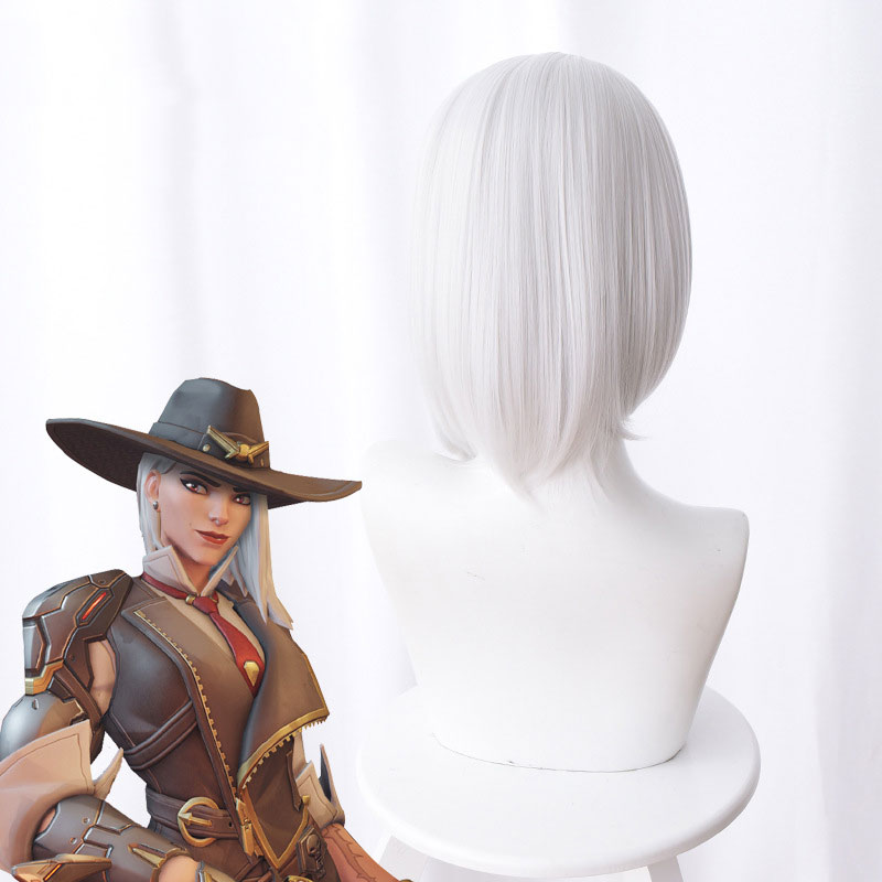 Overwatch Ash Ashe Silver White 3 7 Points Irregular Short Hair Cos Wig Anime Cosplay Game Perform Fluffy Female Hair Wig 35CM
