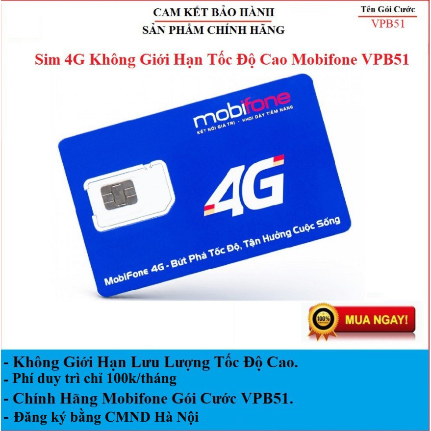 Sim VPB51 Sim 4G Max Băng Thông Tốc Độ Cao Không Giới Hạn Dung Lượng Chính Hãng Mobifone