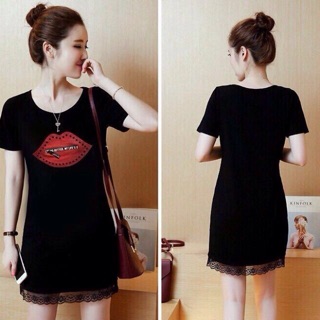 Đầm suông in môi phỗi ren lai cực xinh