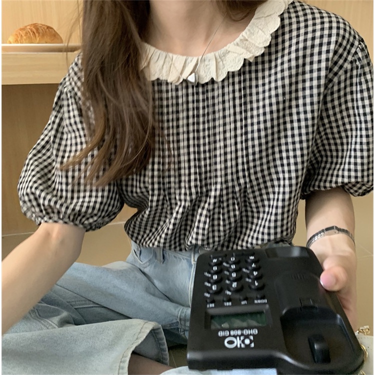 ❡△♈Áo Sơ Mi Cổ Búp Bê Phối Ren Họa Tiết Kẻ Sọc Phong Cách Hàn Quốc Cỡ M-4XL