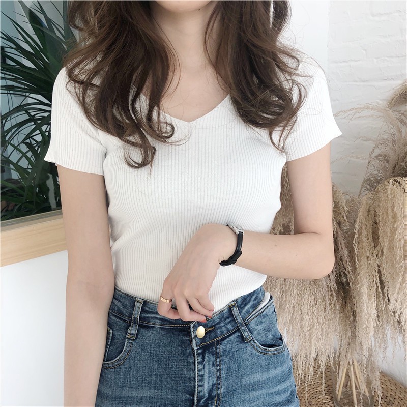 Áo Dệt Kim Tay Lửng Cổ Chữ V Gợi Cảm Cho Nữ