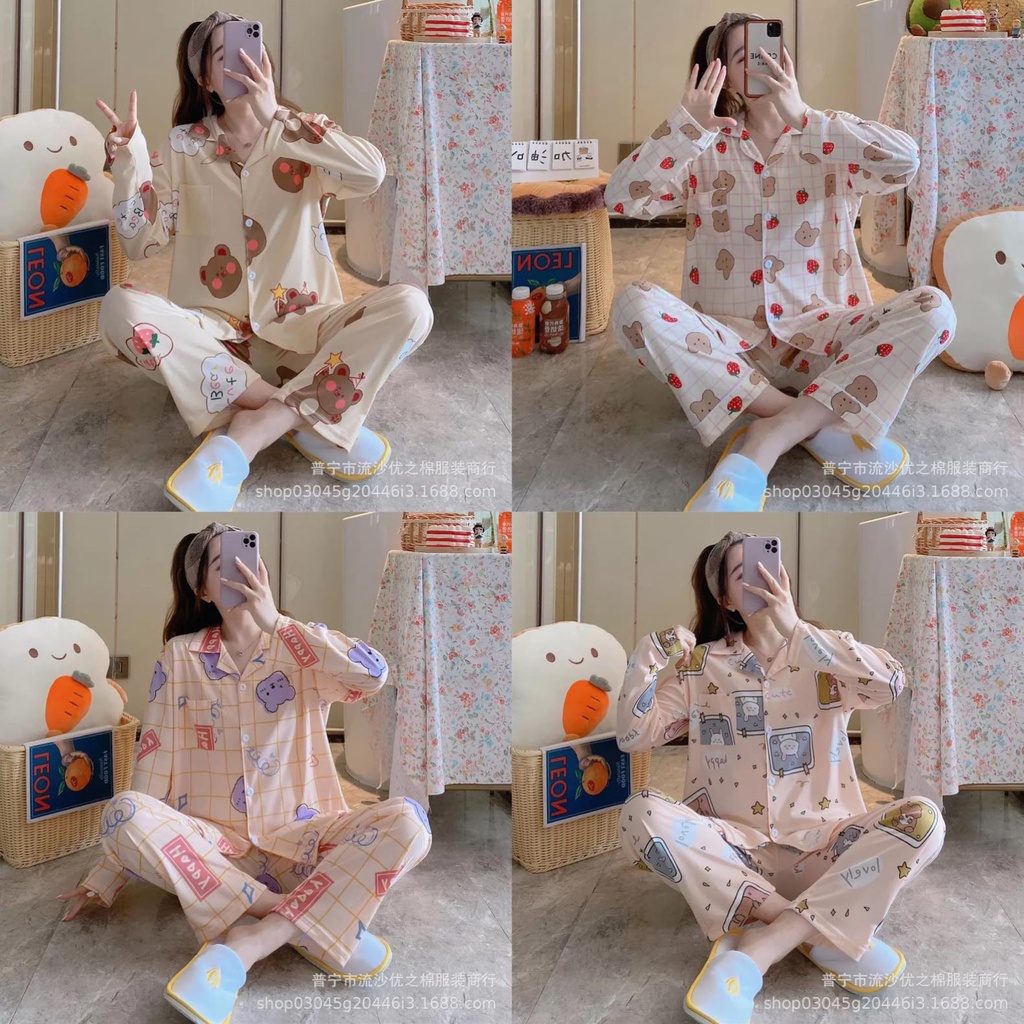 [Sẵn] Đồ bộ bông lanh Quảng Châu, pijama quần dài tay dài, đồ mặc ở nhà họa tiết hoạt hình dễ thương