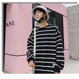 Áo sweater unisex cotton thun sọc ngang màu tương phản