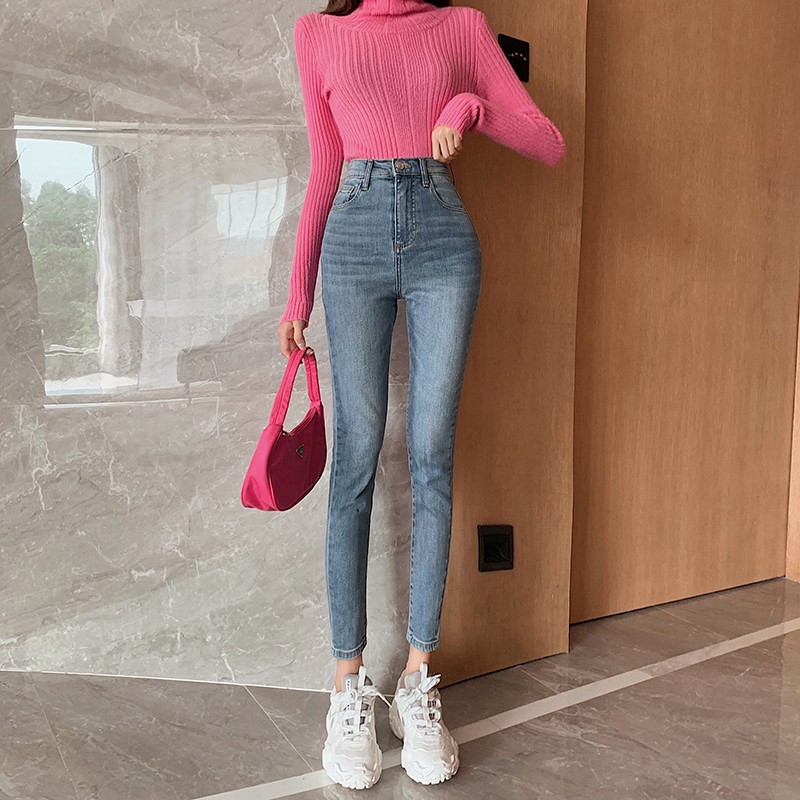 Quần Jeans Nữ Dài Lưng Cao Ôm Chân Thời Trang Hồng Kông 2021