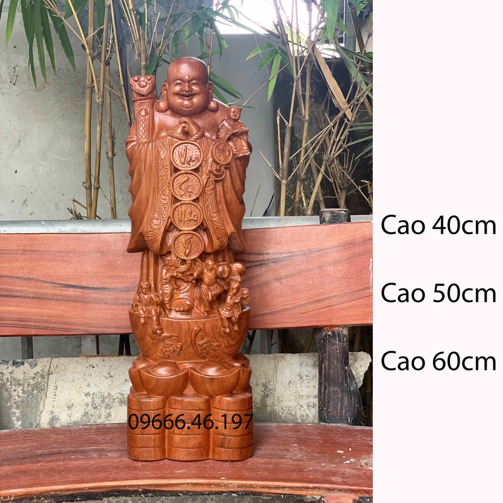 Tượng Phật Di Lặc Ngũ Phúc Vạn Sự Như Ý Cao 40-->60cm Chất Liệu Gỗ Hương Liền Khối