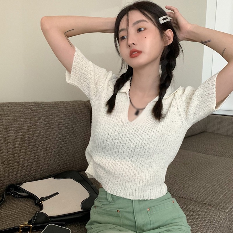 Áo Croptop Màu Trơn Cổ Bẻ Thời Trang Mùa Hè Cho Nữ