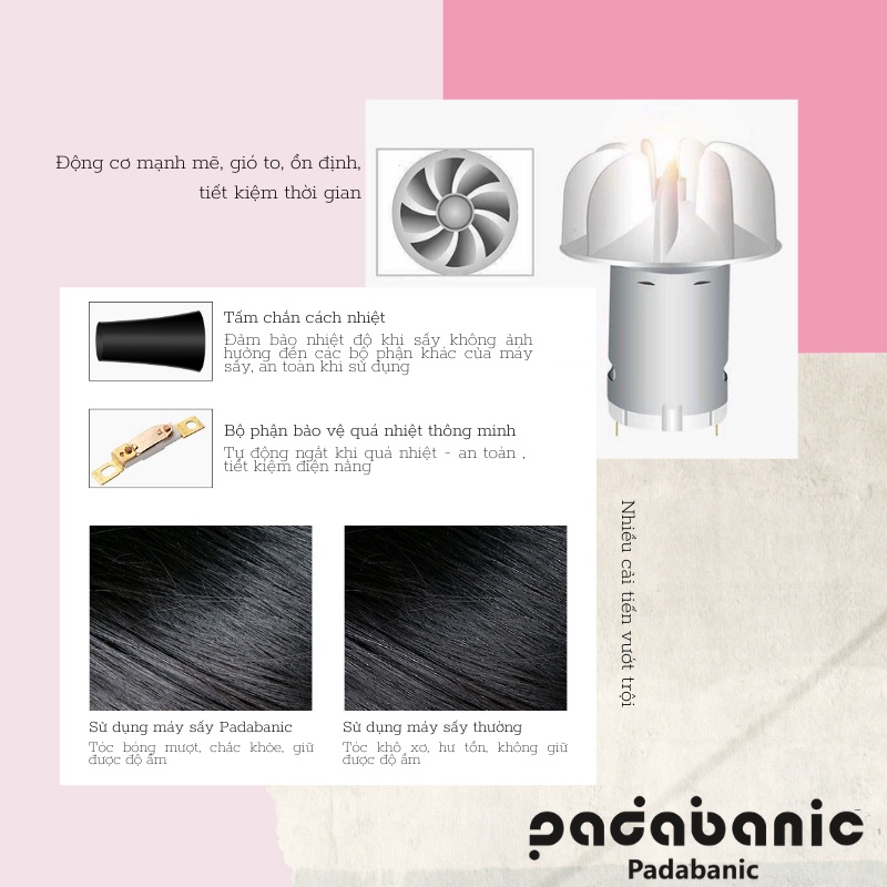 [ Bảo Hành] Máy Sấy Tóc Padabanic HAIR DRYER Thiết Kế Mới Sấy Tạo Kiểu Nhanh Chóng Tặng Kèm Phụ Kiện