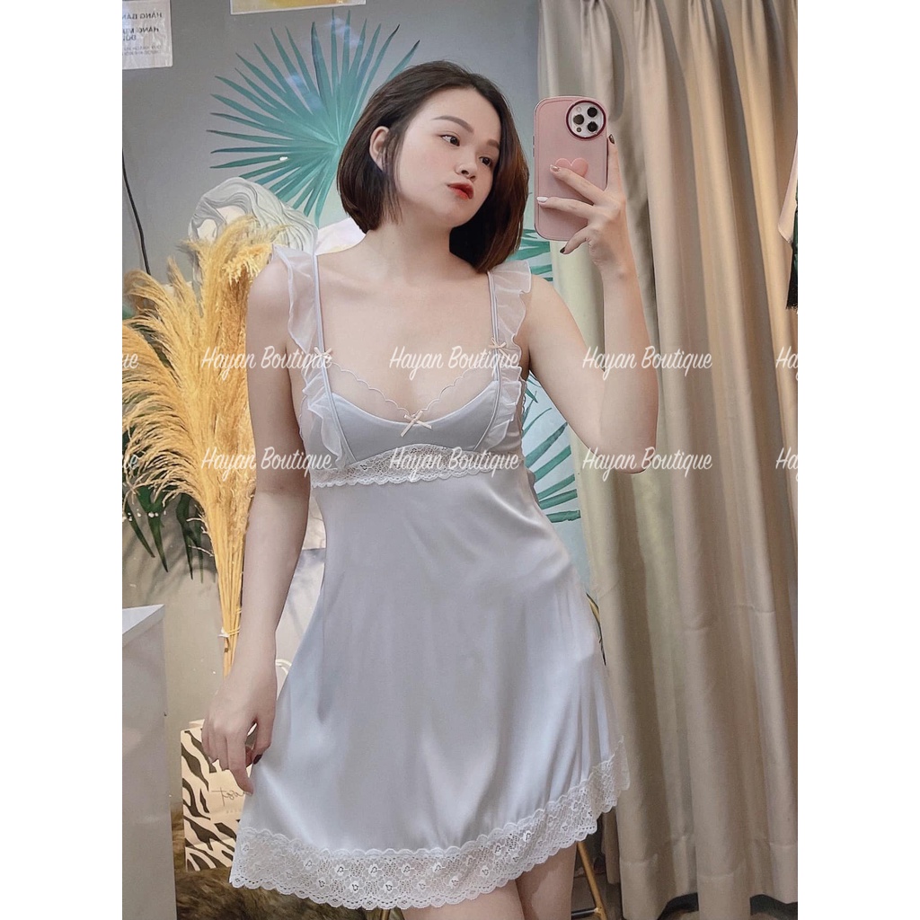 HT122 Váy ngủ sexy 2 dây cánh tiên phối ren kèm ĐỆM LÓT, đầm ngủ lụa gợi cảm CAO CẤP HT122