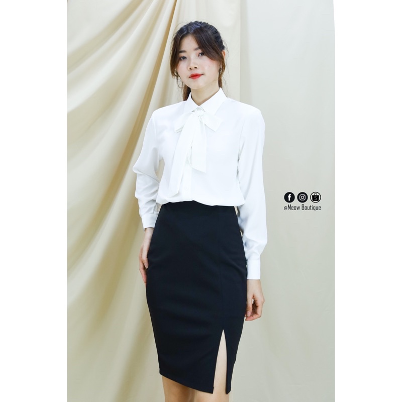 Sơ mi trơn tay dài thắt nơ 3 màu trending, chất Lụa mềm rũ mát, dây nơ có thể tháo rời mặc được nhiều kiểu Meow Boutique