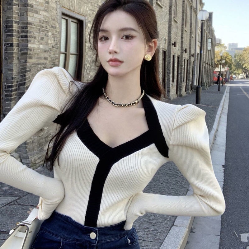 Cardigan Áo Len-Thiết kế cảm giác thích hợp tương phản màu sắc áo len dài tay của phụ nữ áo mới áo len mỏng nhẹ nhàng kết hợp tất cả các kết hợp