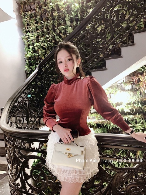Váy nhung khuy vai pha ren tầng siêu xinhh