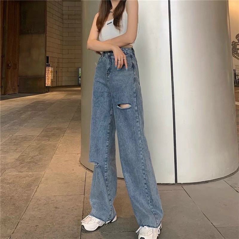 Quần jeans ống rộng cạp cao rách nhẹ màu siêu tây kèm ảnh thật