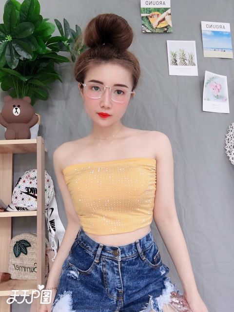 (Có ảnh khách mặc) Áo ống có mút ngực đính đá kim sa thun mềm mịn | BigBuy360 - bigbuy360.vn