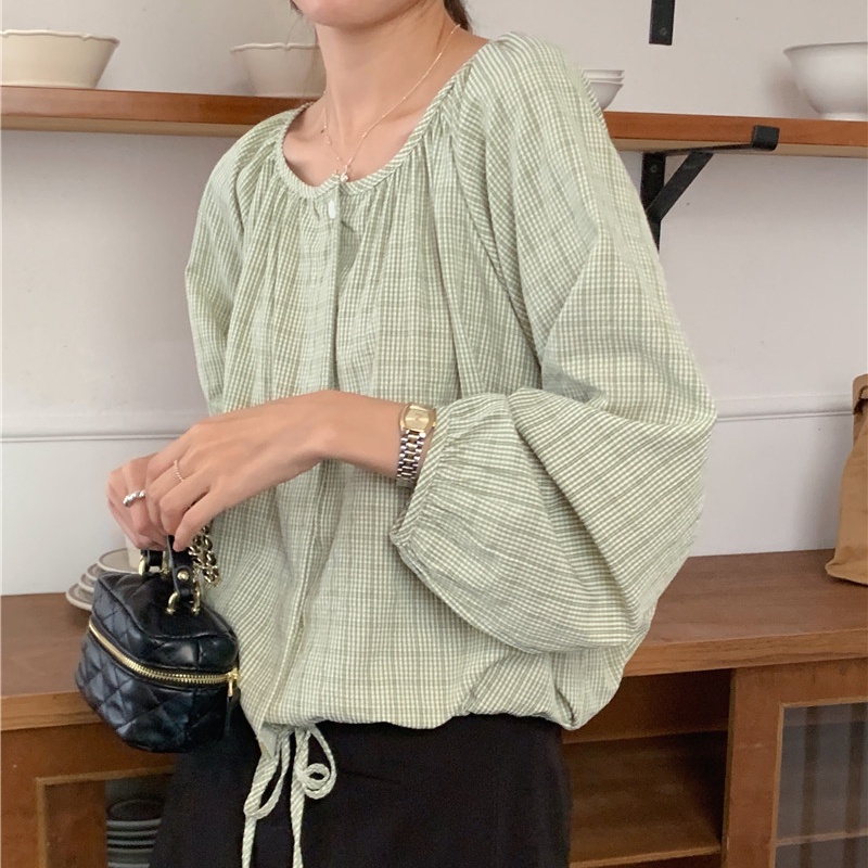 SUXI Áo Sơ Mi Caro Tay Dài Cổ Tròn Dáng Rộng Phối Dây Rút Trẻ Trung Phong Cách Vintage Hàn Quốc Cho Bạn Gái