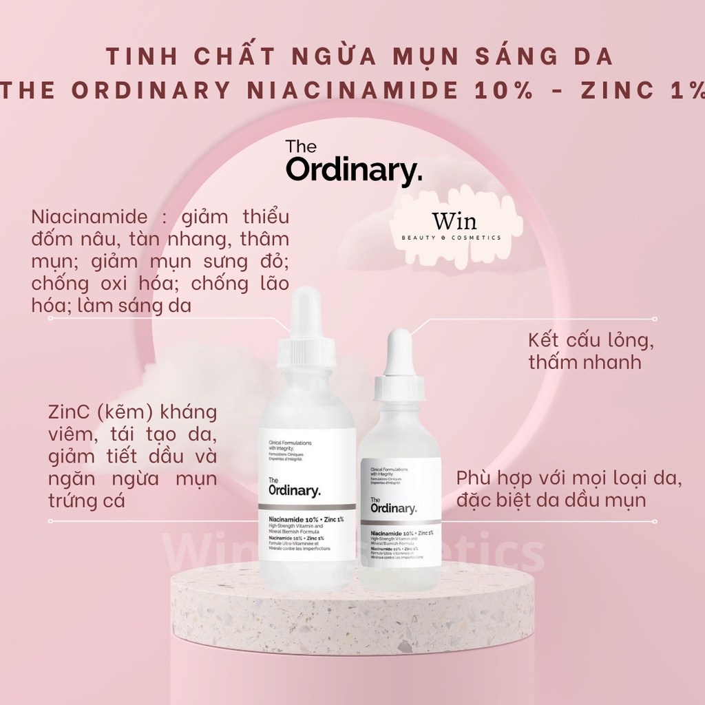 Serum The Ordinary Niacinamide 10% + Zinc 1% thu nhỏ lỗ chân lông, trắng sáng da, hỗ trợ Giảm mụn