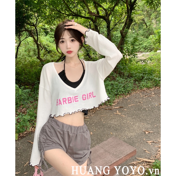 HUANG YOYO Set Đồ Hai Mảnh Gồm Áo Thun Cổ Chữ V Tay Ngắn Chống Nắng Phiên Bản Hàn Quốc Thời Trang Cho Nữ