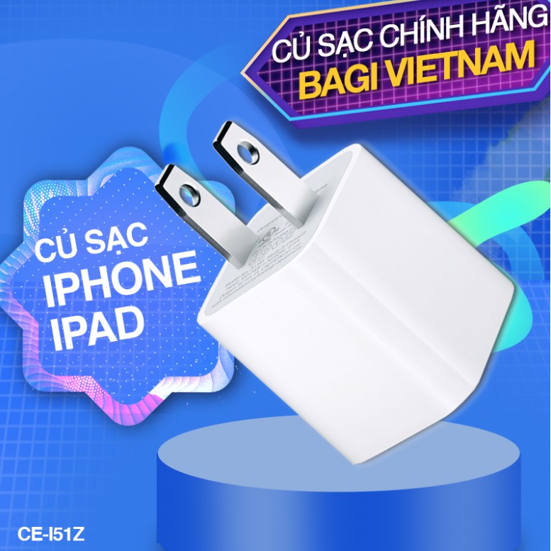 [Mã 2404EL10K giảm 10K đơn 20K] Củ sạc cốc sạc iPhone thương hiệu Bagi 5V-1A - CE-I51N - Made in Việt Nam