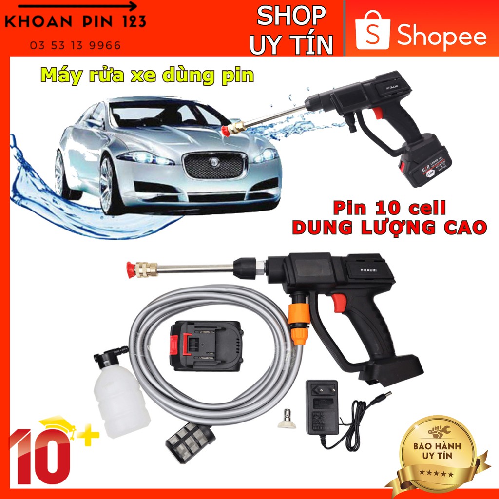 Máy rửa xe Hitachi dùng pin 10 cell nhiều chế độ có kèm bình xịt và ống nước dùng tưới cây, rửa xe, rửa điều hòa