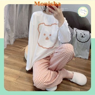 Bộ ngủ dài tay hình gấu quần kẻ caro mã DN01