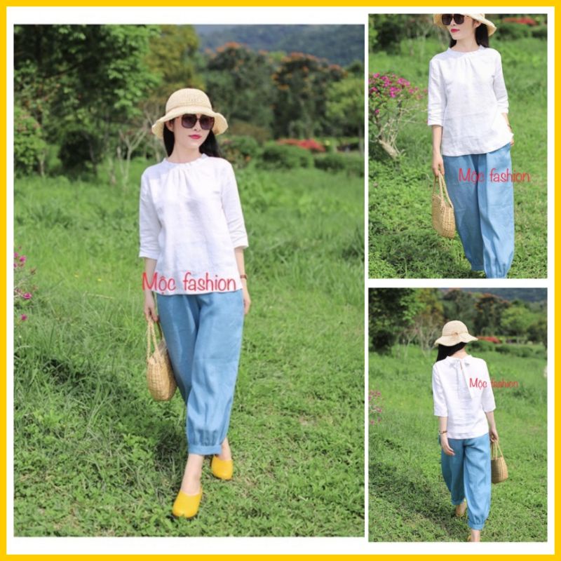 Bộ linen áo nơ sau quần ống bo đủ size S đến XL 44-63kg