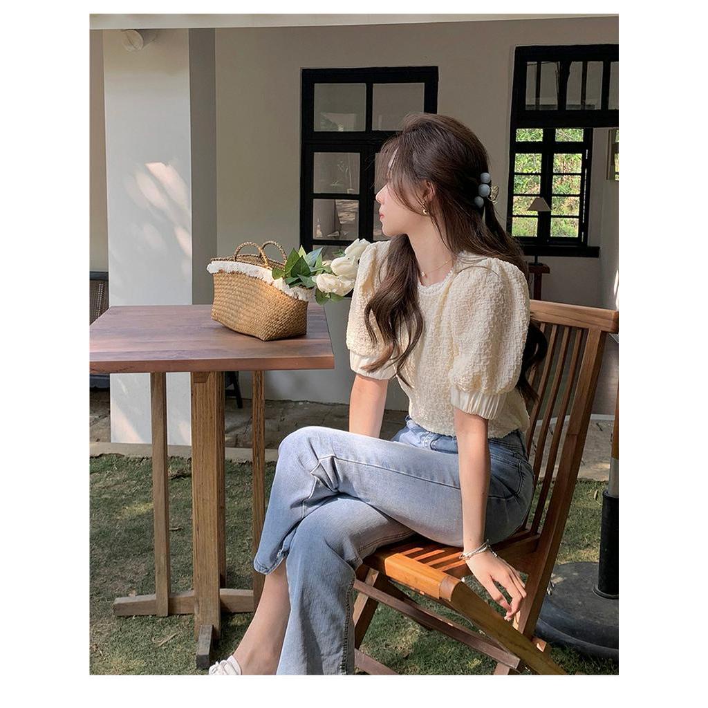 Áo Thun Trơn Mùa Hè Tay Ngắn Phối Ren Và Ngọc Trai 61417