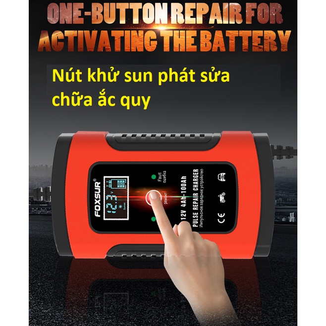 Sạc ắc quy ô tô xe máy 12V 100AH foxsur có khử sun phát thông minh tự ngắt khi đầy