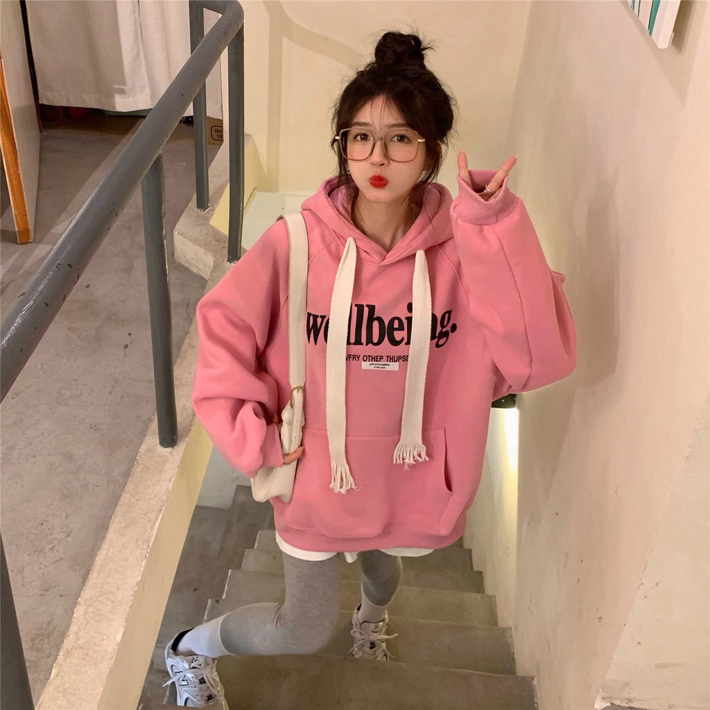 Áo Sweater Có Mũ Trùm Vải Lông Cừu Dày Dặn Phối Dây Bện In Chữ TTJ197 Thời Trang Thu Đông 2022