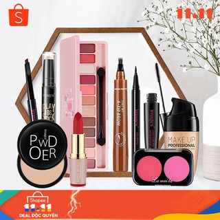 Bộ trang điểm 10 món, bộ trang điểm đầy đủ son + phấn phủ + kem nền + chì kẻ HDC