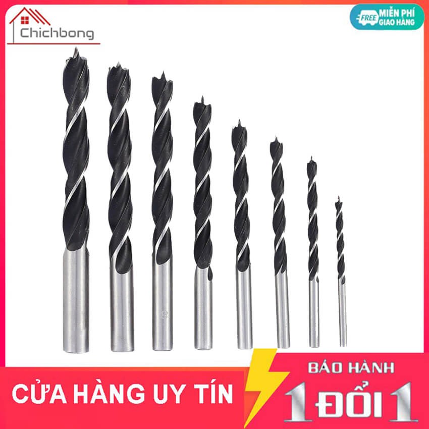 Mũi khoan gỗ xoắn ốc lỗ tròn dài định tâm 3 ngạnh tăng độ chính xác chân tròn 4-6-8-10