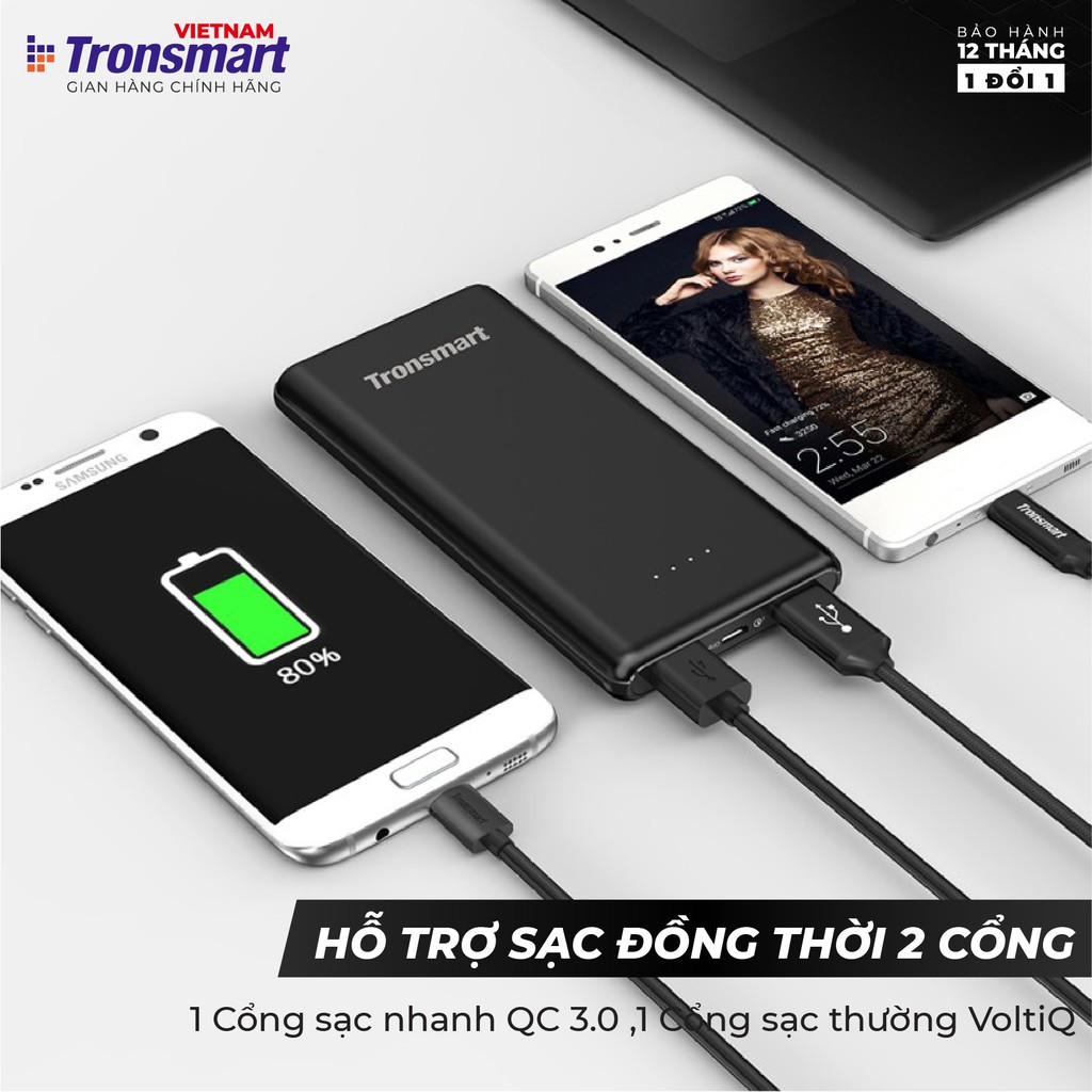 Sạc dự phòng 10000mAh Tronsmart Presto Sạc nhanh QC 3.0 kèm dây Micro USB - Hàng chính hãng - Bảo hành 12 tháng 1 đổi 1