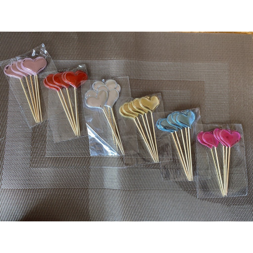 Set 5 que cắm hình trái tim cán gỗ [GIÁ SỈ] dùng trang trí bánh kem bánh sinh nhật
