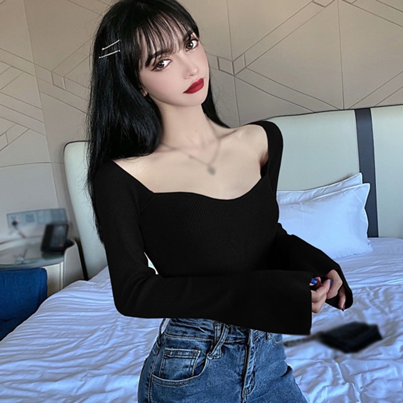 Ladies Sexy Solid Square Collar Slim Long Sleeve Sweat Bace Tops