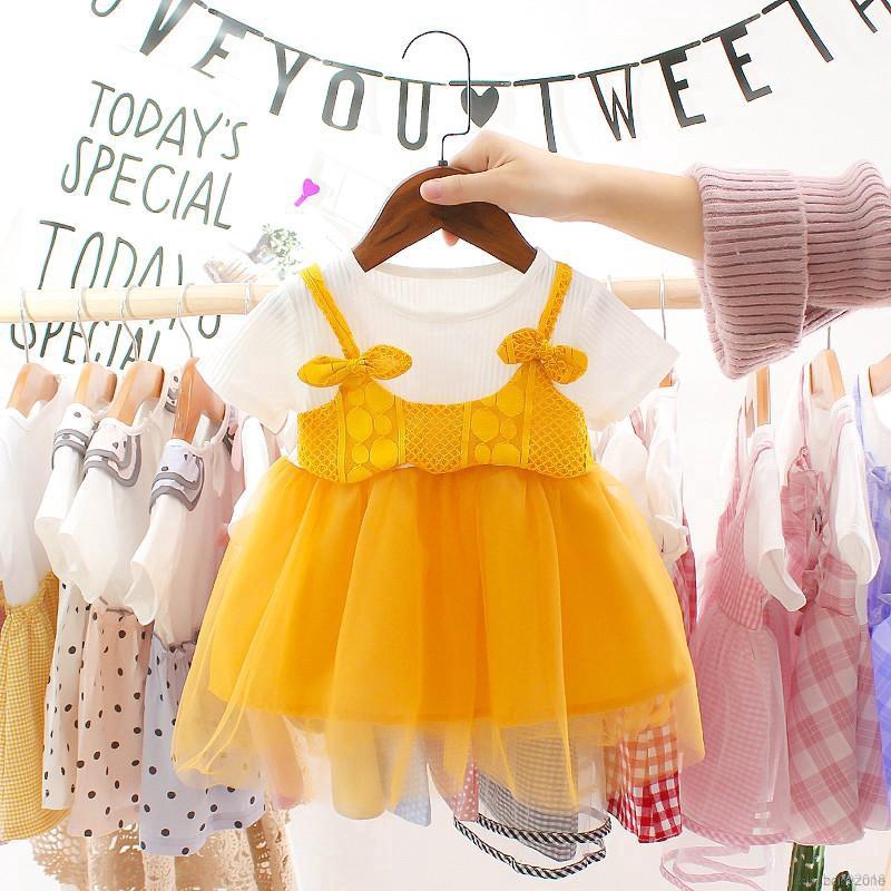 Đầm cotton kiểu công chúa tay ngắn vải lưới dễ thương cho bé gái